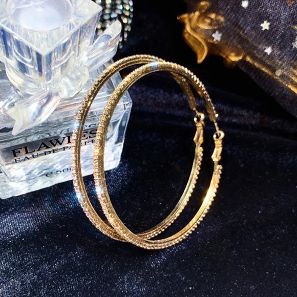 NEW GOLD DIAMOND ROUND HOOP EARRINGS - Picture 2 of 4
